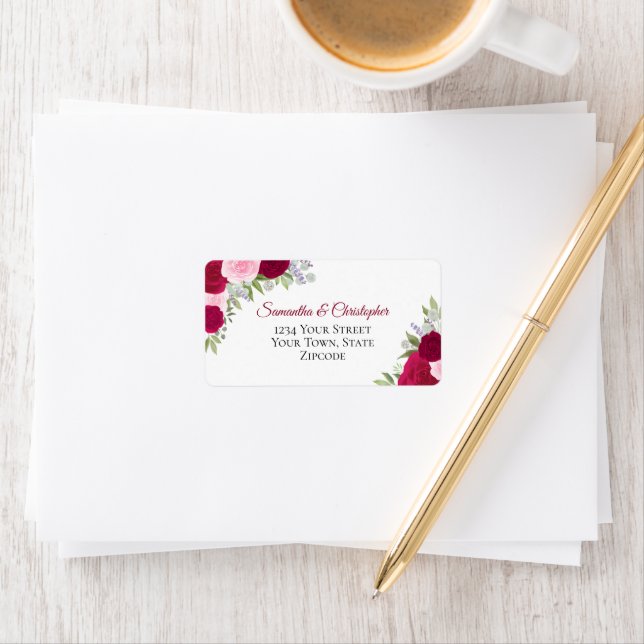 Magenta Watercolor Rose Elegante Hochzeitadresse Adressaufkleber (Insitu)