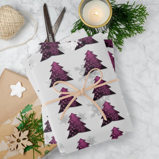 Magenta Weihnachtsbaum Wrapping Paper Geschenkpapier Set (Magenta Festive Christmas Tree Wrapping Paper Sheets)