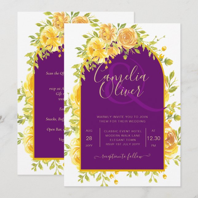 Magenta Yellow Roses Plum Lila Goldhochzeit Einladung (Vorne/Hinten)
