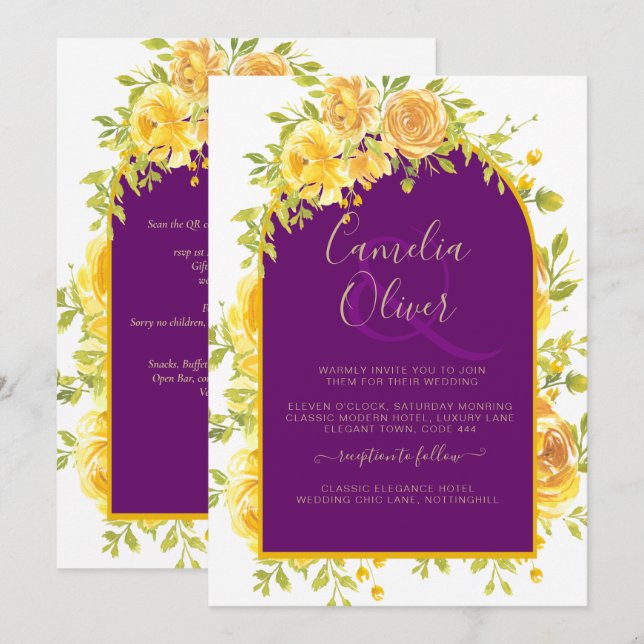 Magenta Yellow Roses Plum Lila Goldhochzeit Einladung (Vorne/Hinten)