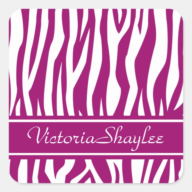 Magenta Zebra Print mit benutzerdefiniertem Text Quadratischer Aufkleber (Vorderseite)