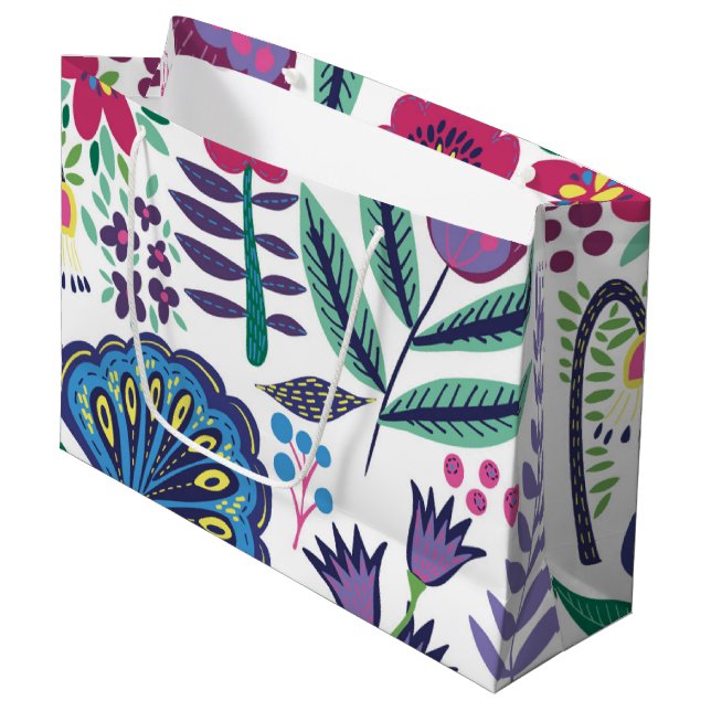 Magentarote Volkskunst-Blumenmuster Große Geschenktüte (Vorderseite Schrägansicht)