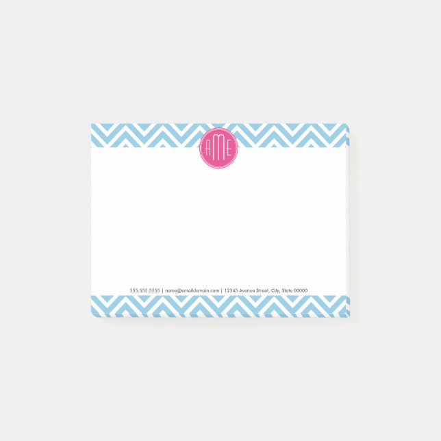 Magentarotes rosa Monogramm mit hellblauem Post-it Klebezettel (Vorderseite)