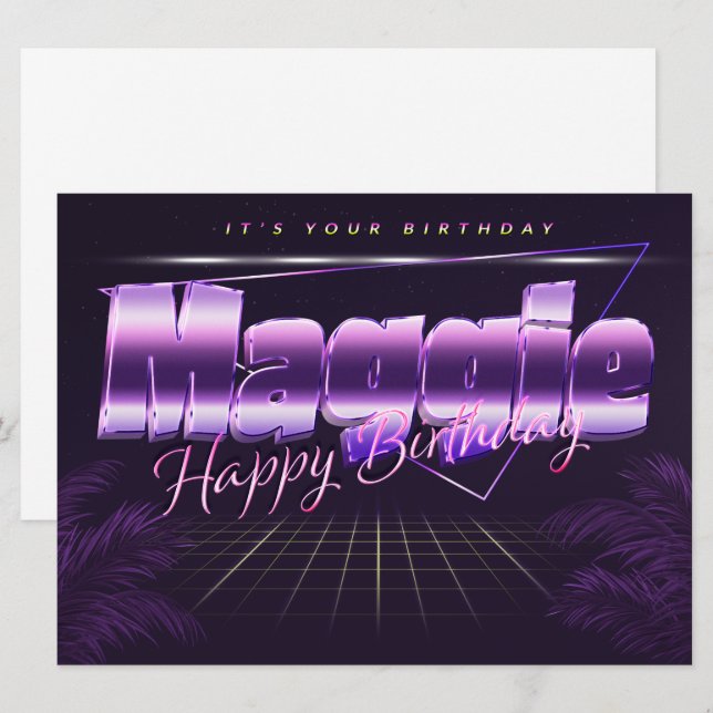 Maggie prénom carte rétro lilas pour anniversaire (Devant / Derrière)