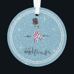 Magic and Wonder Christmas Snowman Blue ID440 Ornament<br><div class="desc">Wunderschönes Weihnachtsschmuck mit einem stilvollen,  weiß gerahmten Schneemann auf einem kastanienblauen Hintergrund,  verstreut mit Schneeflocken und Sternen. Elegante Typografie von 'Magic and Wonder' rundet das Design ab. Fügen Sie Ihren Namen zu personalisieren,  wenn gewünscht. Suchen Sie ID440,  um weitere koordinierende Produkte und zusätzliche Farboptionen für dieses Design zu sehen.</div>