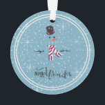 Magic and Wonder Christmas Snowman Blue ID440 Ornament<br><div class="desc">Wunderschönes Weihnachtsschmuck mit einem stilvollen,  weiß gerahmten Schneemann auf einem kastanienblauen Hintergrund,  verstreut mit Schneeflocken und Sternen. Elegante Typografie von 'Magic and Wonder' rundet das Design ab. Fügen Sie Ihren Namen zu personalisieren,  wenn gewünscht. Suchen Sie ID440,  um weitere koordinierende Produkte und zusätzliche Farboptionen für dieses Design zu sehen.</div>
