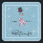 Magic and Wonder Christmas Snowman Blue ID440 Quadratischer Aufkleber<br><div class="desc">Schönes Weihnachts-Quadrat-Design mit einem stilisierten Schneemann gerahmt in Weiß auf einem kastanienblauen Hintergrund verstreut mit Schneeflocken und Sternen. Trendy Typografie von 'Magic and Wonder' rundet das Design ab. Fügen Sie Ihren Namen zu personalisieren. Suchen Sie ID440,  um weitere koordinierende Produkte und zusätzliche Farboptionen für dieses Design zu sehen.</div>