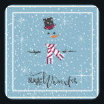 Magic and Wonder Christmas Snowman Blue ID440 Quadratischer Aufkleber<br><div class="desc">Schönes Weihnachts-Quadrat-Design mit einem stilisierten Schneemann gerahmt in Weiß auf einem kastanienblauen Hintergrund verstreut mit Schneeflocken und Sternen. Trendy Typografie von 'Magic and Wonder' rundet das Design ab. Fügen Sie Ihren Namen zu personalisieren. Suchen Sie ID440,  um weitere koordinierende Produkte und zusätzliche Farboptionen für dieses Design zu sehen.</div>