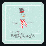 Magic and Wonder Christmas Snowman Mint ID440 Quadratischer Aufkleber<br><div class="desc">Schönes Weihnachts-Quadrat-Design mit einem stilisierten Schneemann gerahmt in Weiß auf einem minzgrünen Hintergrund verstreut mit Schneeflocken und Sternen. Trendy Typografie von 'Magic and Wonder' rundet das Design ab. Fügen Sie Ihren Namen zu personalisieren. Suchen Sie ID440,  um weitere koordinierende Produkte und zusätzliche Farboptionen für dieses Design zu sehen.</div>