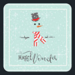 Magic and Wonder Christmas Snowman Mint ID440 Quadratischer Aufkleber<br><div class="desc">Schönes Weihnachts-Quadrat-Design mit einem stilisierten Schneemann gerahmt in Weiß auf einem minzgrünen Hintergrund verstreut mit Schneeflocken und Sternen. Trendy Typografie von 'Magic and Wonder' rundet das Design ab. Fügen Sie Ihren Namen zu personalisieren. Suchen Sie ID440,  um weitere koordinierende Produkte und zusätzliche Farboptionen für dieses Design zu sehen.</div>