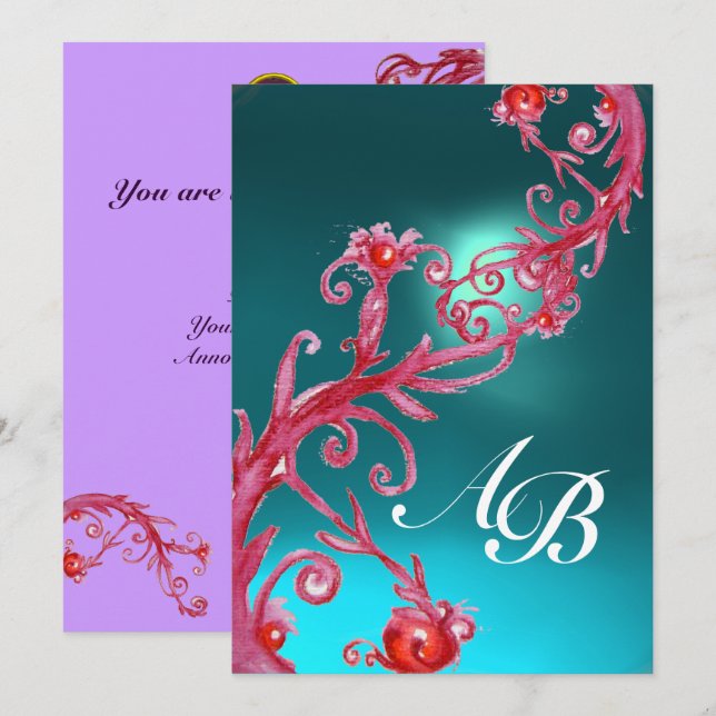 MAGIC BERRIES 3,MONOGRAM Aquamarine blau Einladung (Vorne/Hinten)