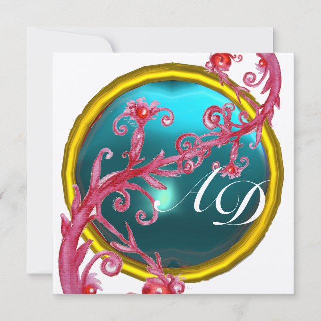 MAGIC BERRIES 4,MONOGRAMM blaues Aquamaringold Einladung (Vorderseite)