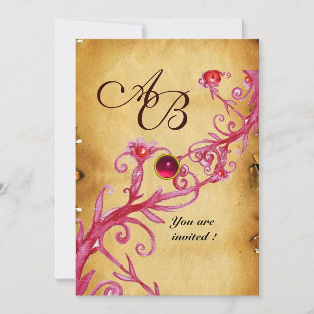 MAGIC BERRIES MONOGRAM Parchment Red Ruby Einladung (Vorderseite)