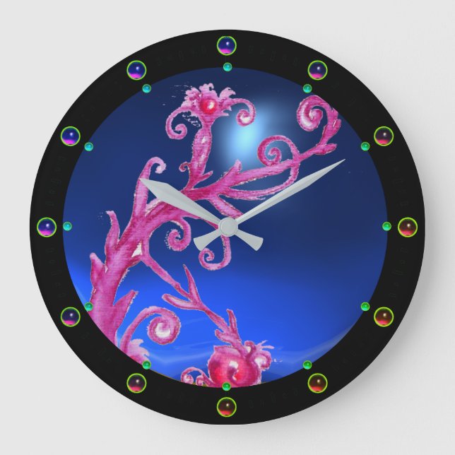 MAGIC BERRIES; PINK FLORAL WIRBEL BLAUE GEMSTONE GROßE WANDUHR (Vorderseite)