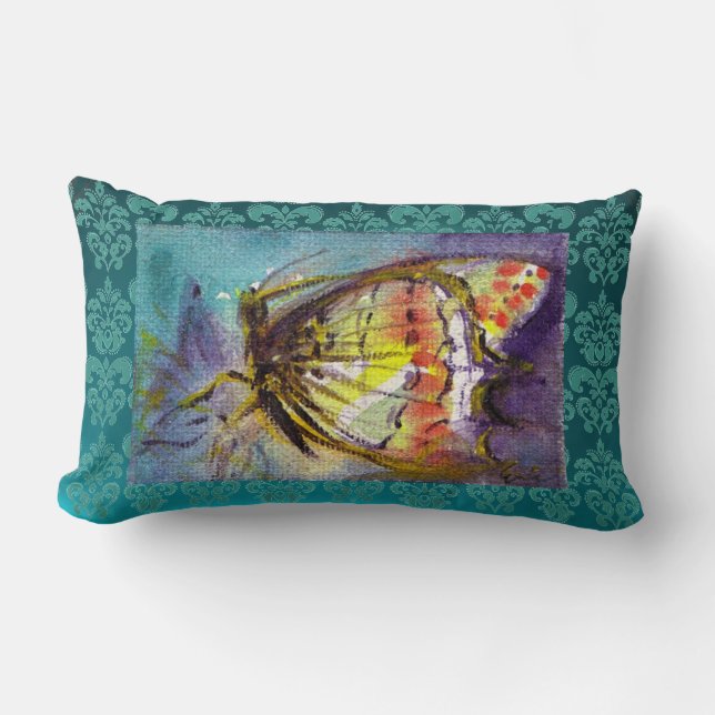 MAGIC BUTTERFLY Aquamarin Blue Damask Lendenkissen (Vorderseite)
