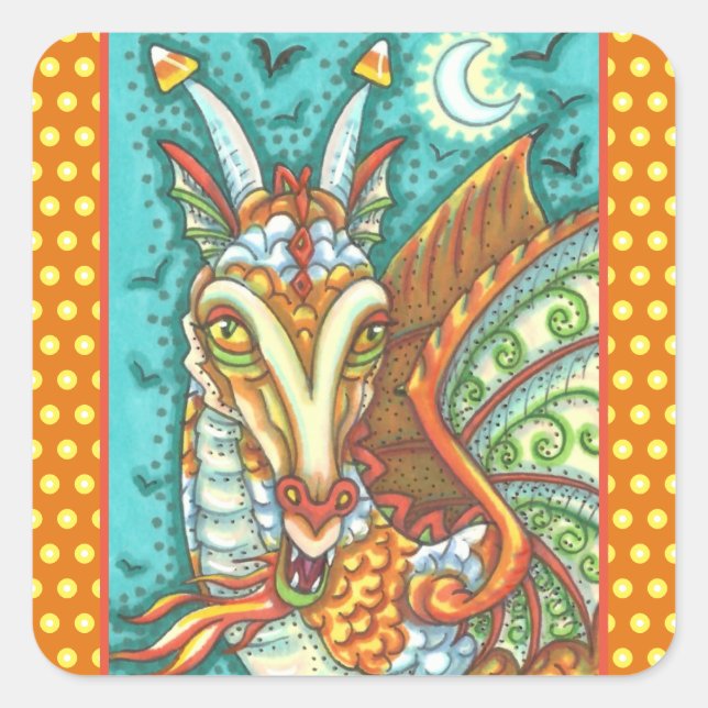 MAGIC CANDY CORN DRAGON, HALLOWEEN FANTASY QUADRATISCHER AUFKLEBER (Vorderseite)