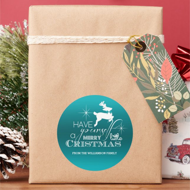 Magic Christmas Reindeer (blau) Personalisiert Runder Aufkleber (Feiertag)