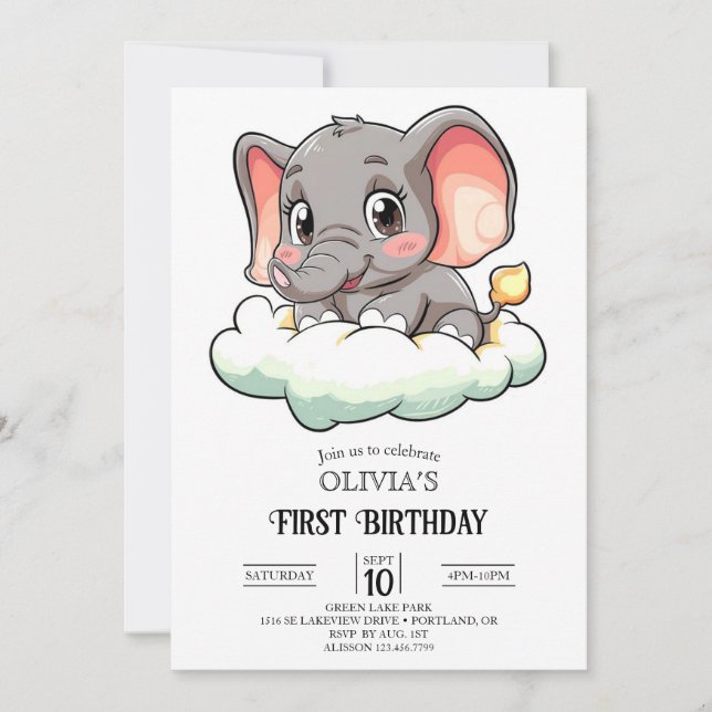 Magic Elephant 1. Geburtstag digital Einladung (Vorderseite)