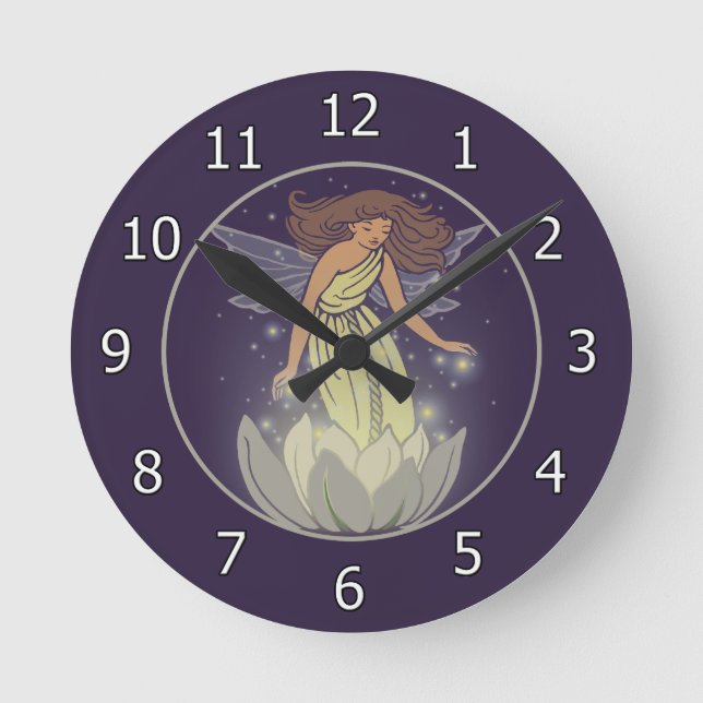 Magic Fairy White Blume Glow Fantasy Art Runde Wanduhr (Vorderseite)