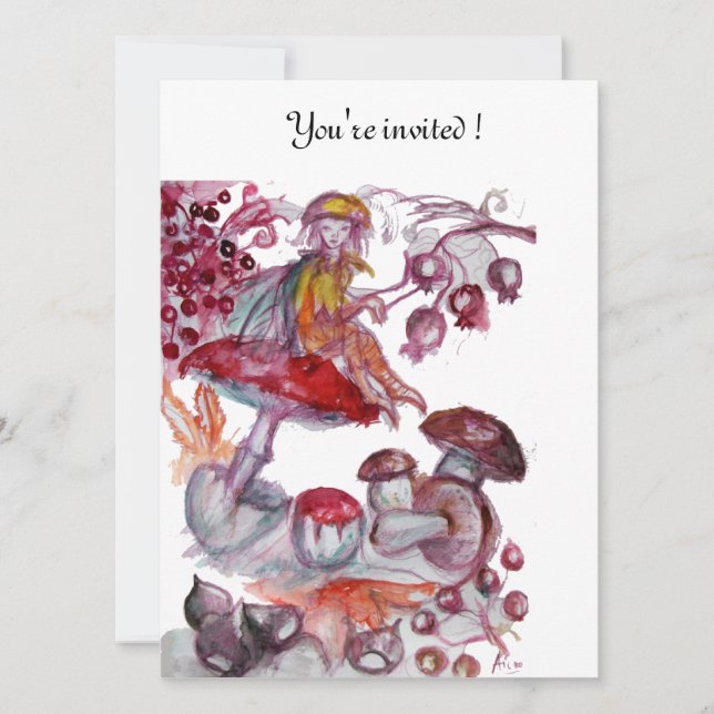 MAGIC FOLLET OF MUSHROOMS Red White Birthday Einladung (Vorderseite)