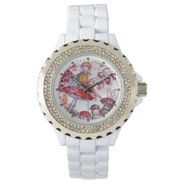 MAGIC FOLLET OF MUSHROOMS Red White Floral Fantasy Armbanduhr (Vorderseite)