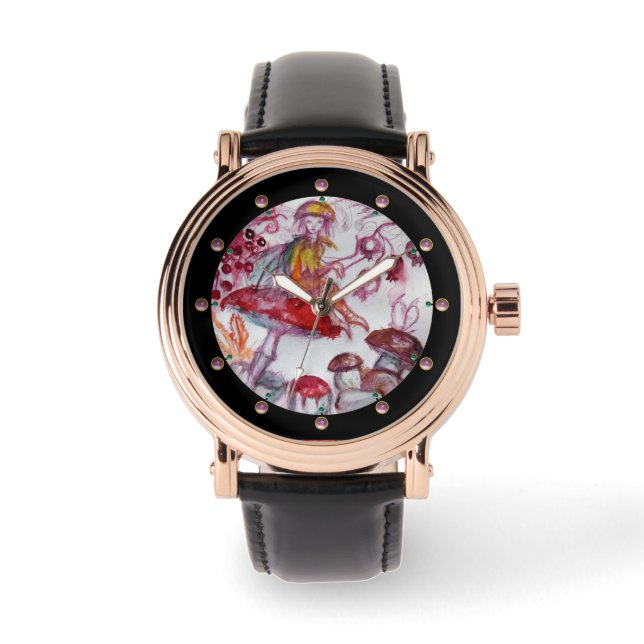 MAGIC FOLLET OF MUSHROOMS Red White Floral Fantasy Armbanduhr (Vorderseite)