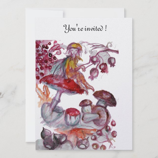 MAGIC FOLLET OF MUSHROOMS Red White Floral Fantasy Einladung (Vorderseite)