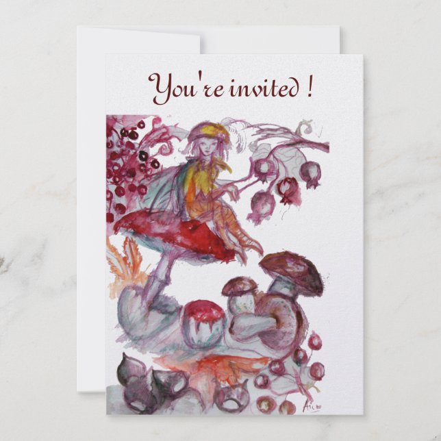 MAGIC FOLLET OF MUSHROOMS Red White Floral Fantasy Einladung (Vorderseite)