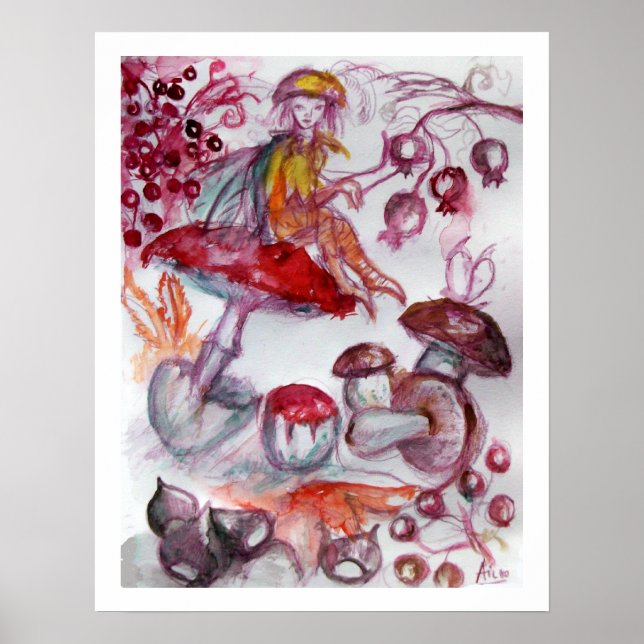MAGIC FOLLET OF MUSHROOMS Whire Red Floral Fantasy Poster (Vorne)