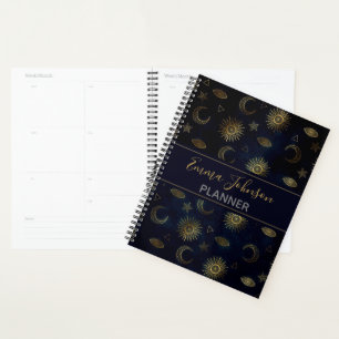 Magic Gold Moon Sun Stars Dark Blue motif