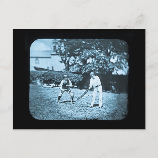 Magic Lantern Slide Cricket Players Cyan Postkarte (Vorderseite)