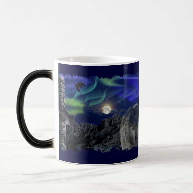 Magic Loup gris, Ravens & Aurora & Totem Wildlife Mug (Gauche)