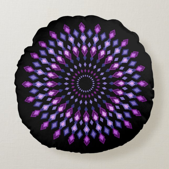 Magic Mandala auf schwarzem Hintergrund Rundes Kissen (Vorderseite)