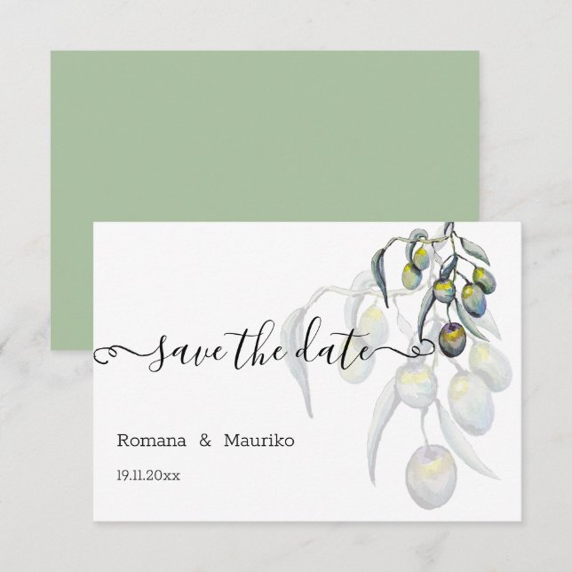 Magic Olive Watercolor Handgemalt Save The Date (Vorne/Hinten)