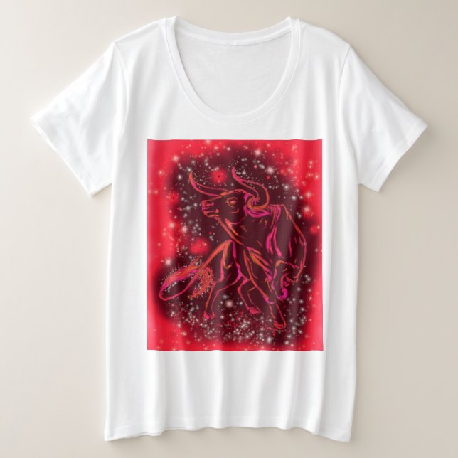 Magic Red Neon Bull rennt in Red Starry Night Große Größe T-Shirt (Design vorne)