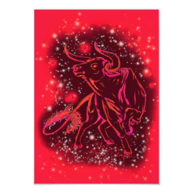 Magic Red Neon Bull Running - Phantastische Sterne Fotodruck (Vorne)