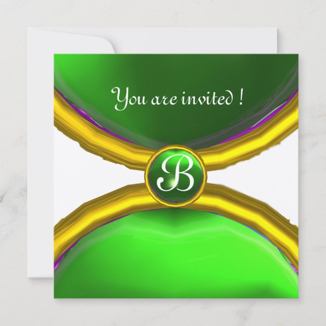 MAGIC RINGS,MONOGRAM Edelstein grünes Silber Einladung (Vorderseite)