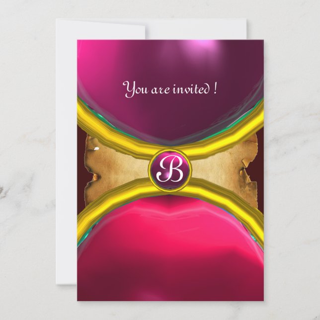 MAGIC RINGS,MONOGRAM Pergament Edelstein pink Einladung (Vorderseite)
