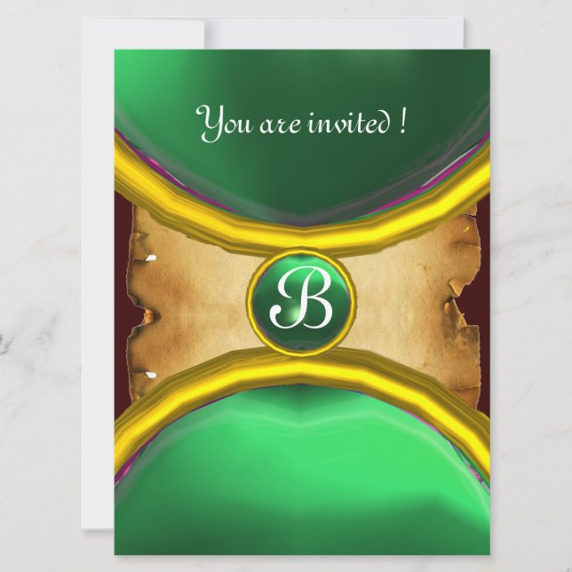 MAGIC RINGS, MONOGRAMM Pergament Grün Einladung (Vorderseite)