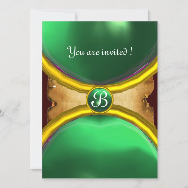 MAGIC RINGS, MONOGRAMM Pergament Grün Einladung (Vorderseite)
