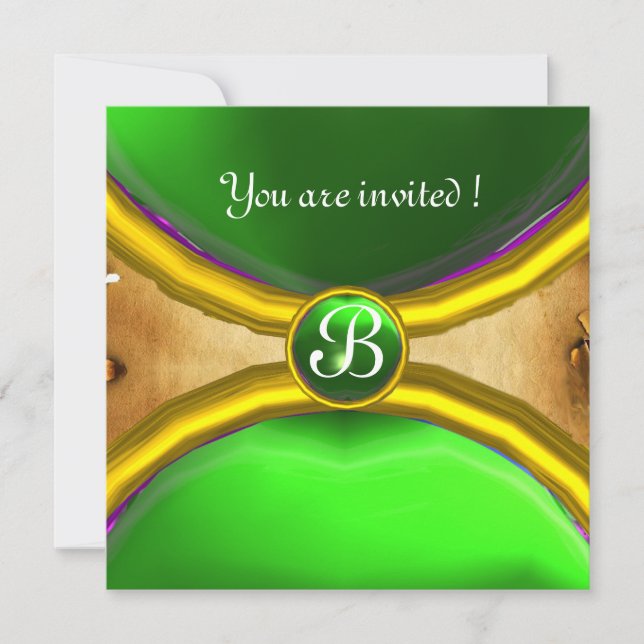MAGIC RINGS, MONOGRAMM Pergament Grün Einladung (Vorderseite)