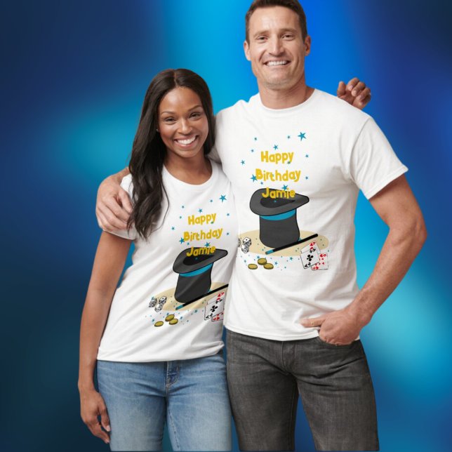 Magic Show Birthday Thema Party Partys T-Shirt (Magic Show Birthday Theme Party Parent T-Shirt, Hat, Wand, Coins, Dice, Cards, Stars, Happy Birthday)