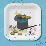 Magic Show Happy Birthday Kids Party Square Pappteller<br><div class="desc">Magic Show Birthday Kids Party Square Paper Teller mit blauen Sternen 🖹 Einfügen Sie Ihren Text 🎨 Bearbeiten Elementfarbe 📧 Fragen nach einem benutzerdefinierten Design beatecisse@kbmd3signs.com Besuchen Sie für Tipps und Ideen zu Farbe, Kunst und Dekoration, www.KBMD3signs.com</div>