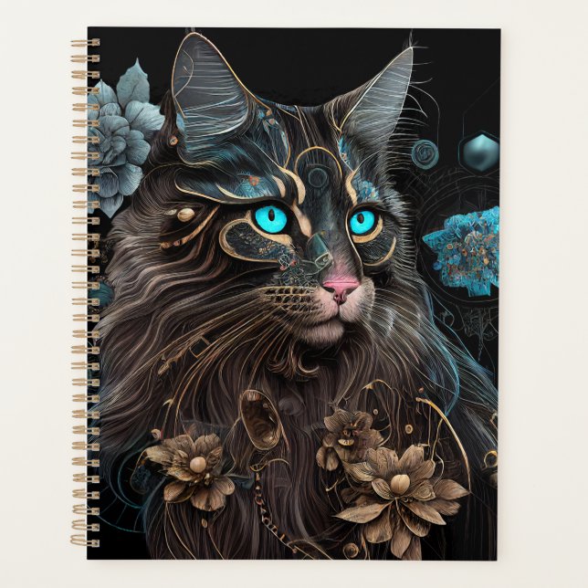 Magic Steampunk Maine Coon cat and Blume Kunst Planer (Vorderseite)