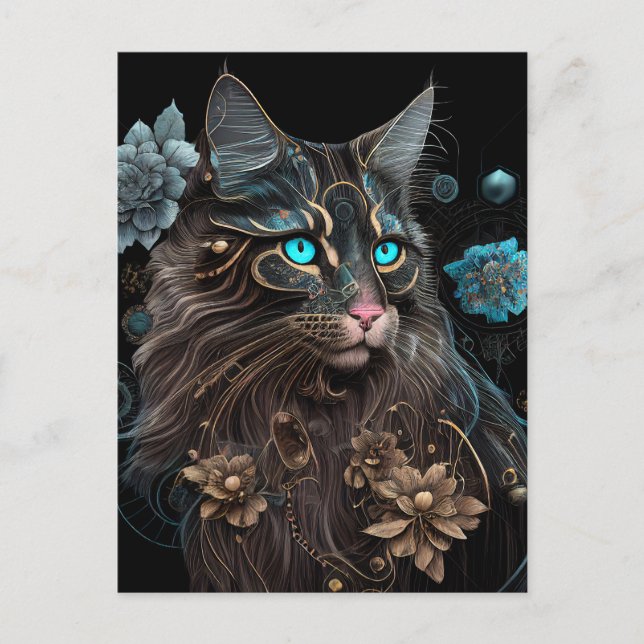 Magic Steampunk Maine Coon cat and Blume Kunst Postkarte (Vorderseite)