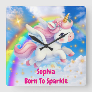 Magic Unicorn, benutzerdefinierbarer Name des Kind Quadratische Wanduhr