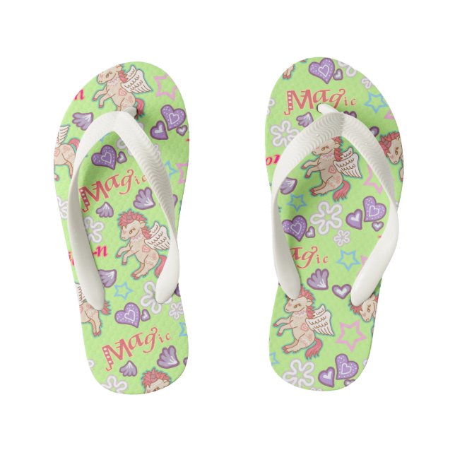 Magic Unicorn Green. Kid's Flip Flops (Fußbett)
