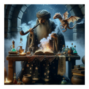 Magic Wizard Dragon Fantasy Art Poster