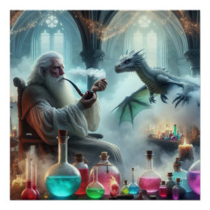 Magic Wizard Dragon Fantasy Art Poster