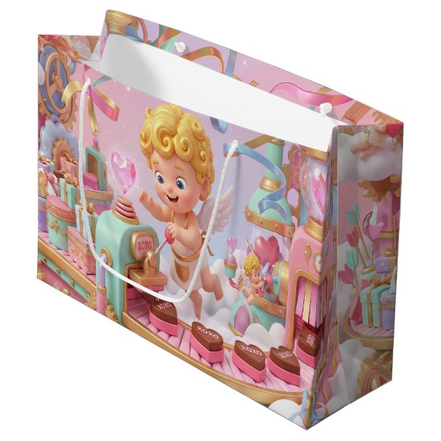Magical 3D Cupid’s Valentine Gift Factory Scene Große Geschenktüte (Vorderseite Schrägansicht)